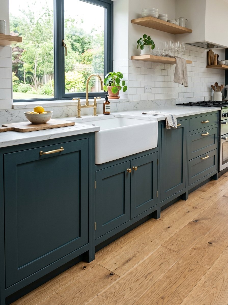 A farmhouse kitchen featuring dark teal cabinets, brass hardware, and a white apron sink under a large window.
