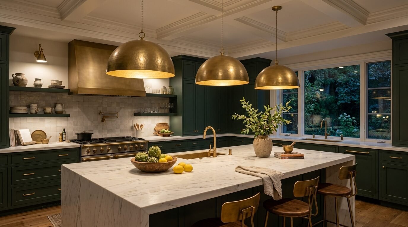 A kitchen with dark green cabinets, a white marble island, and three large dome-shaped brass pendant lights.