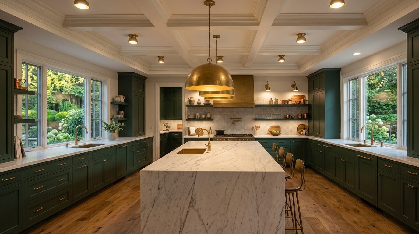 Spacious kitchen featuring deep green cabinets, a long marble center island, and large windows with garden views.