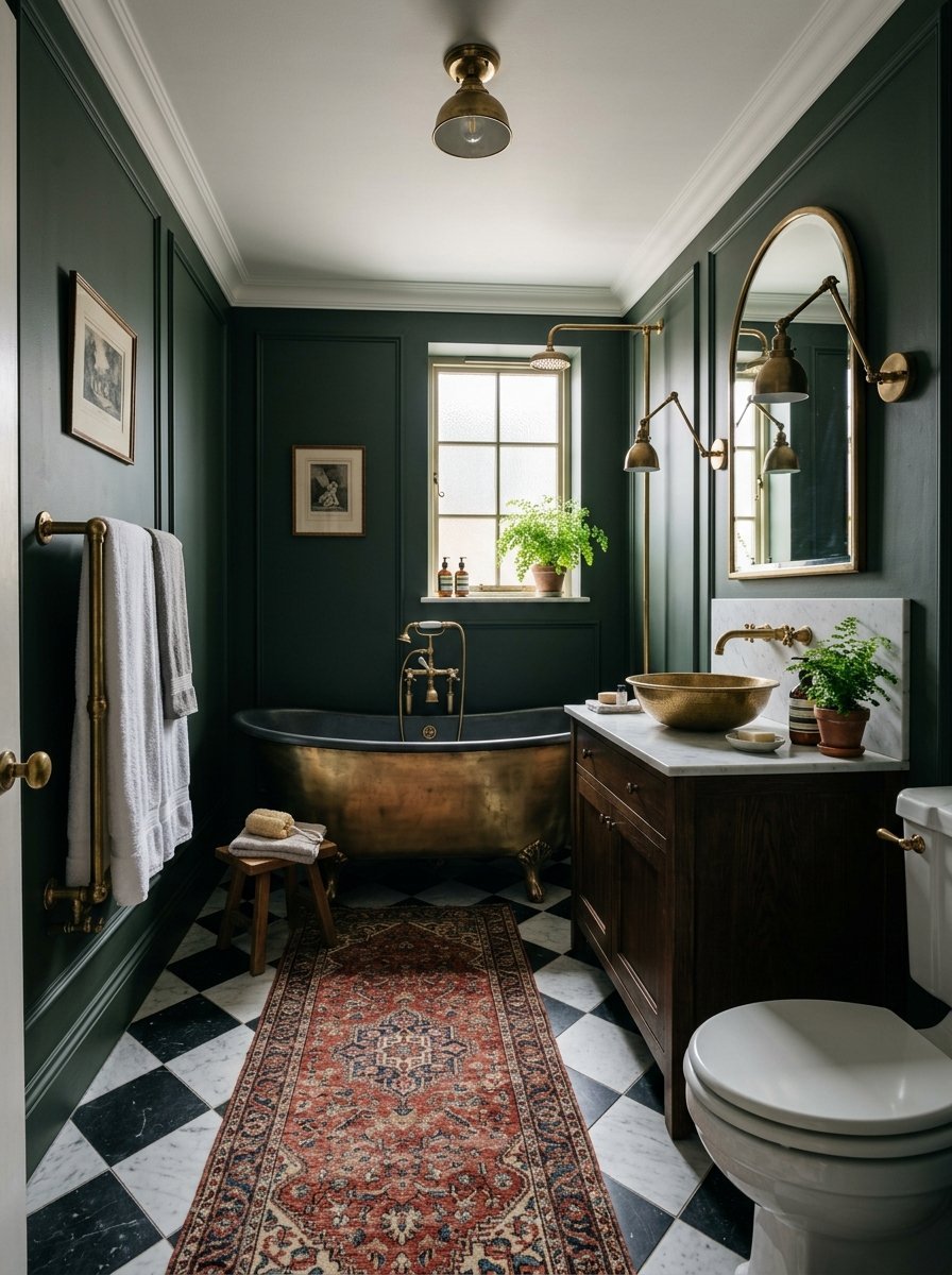 A bathroom featuring a gold clawfoot tub, checkered floors, and a dark green vanity area with a brass sink.