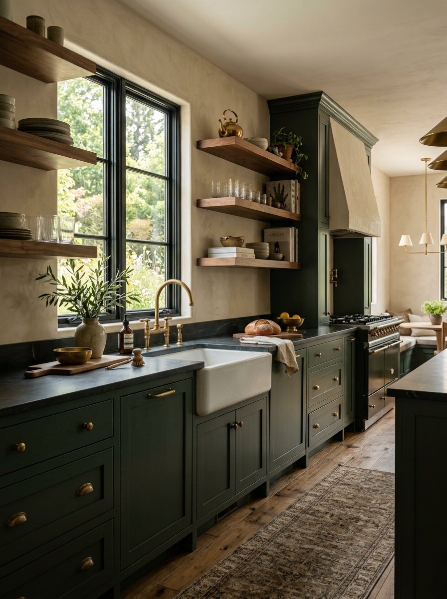 A kitchen with dark green cabinets, a white farmhouse sink, and wooden shelves against a textured beige wall.