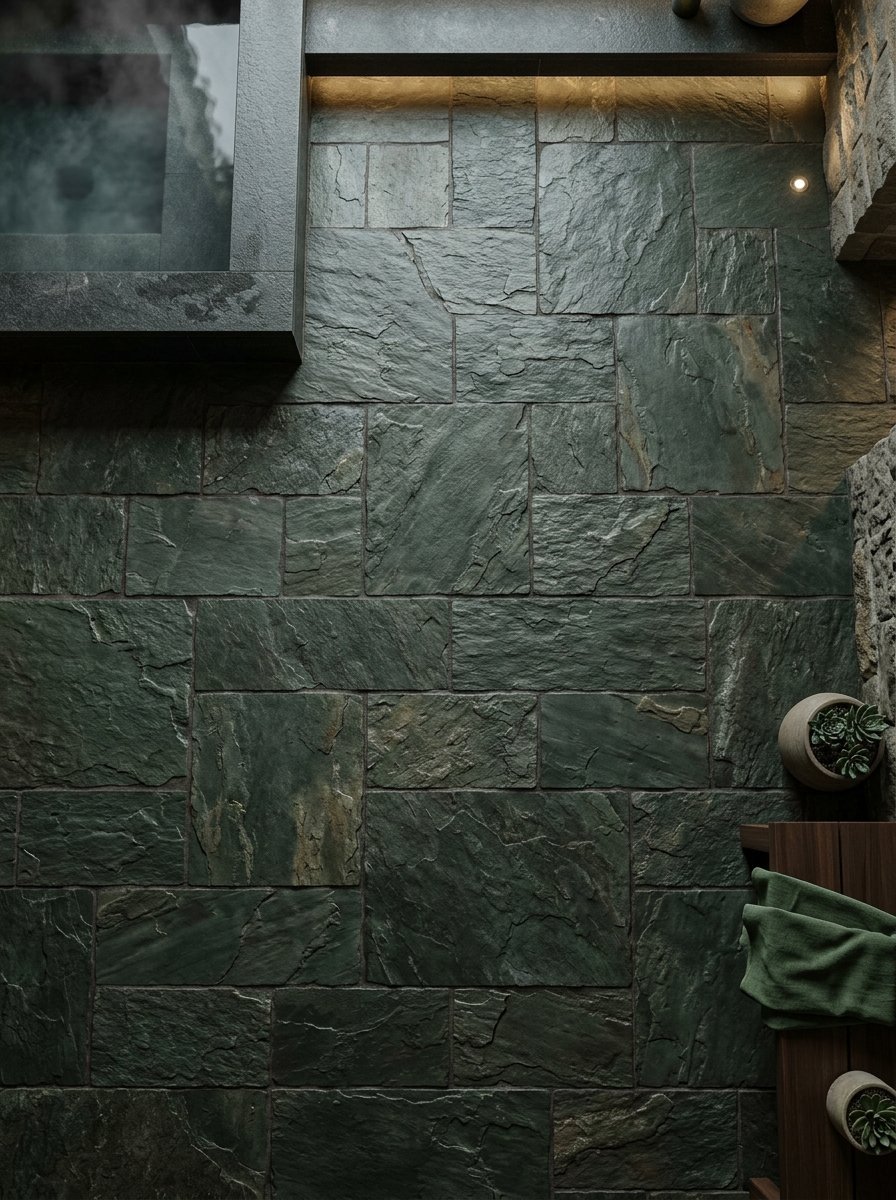 Top down view of natural green slate flooring next to a steaming hot water pool and wooden bench.