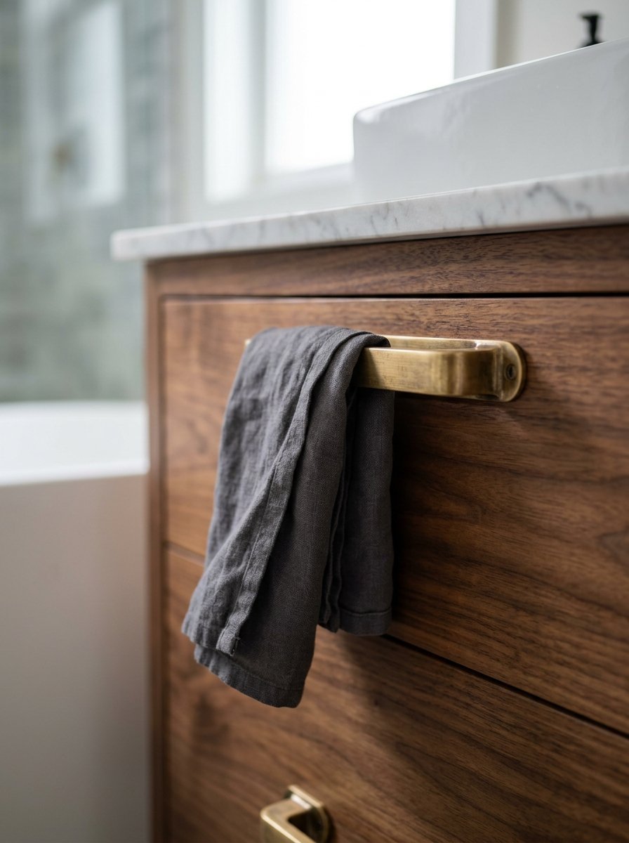 Close-up of a grey linen cloth hanging from a brushed gold handle on a wooden bathroom cabinet drawer.