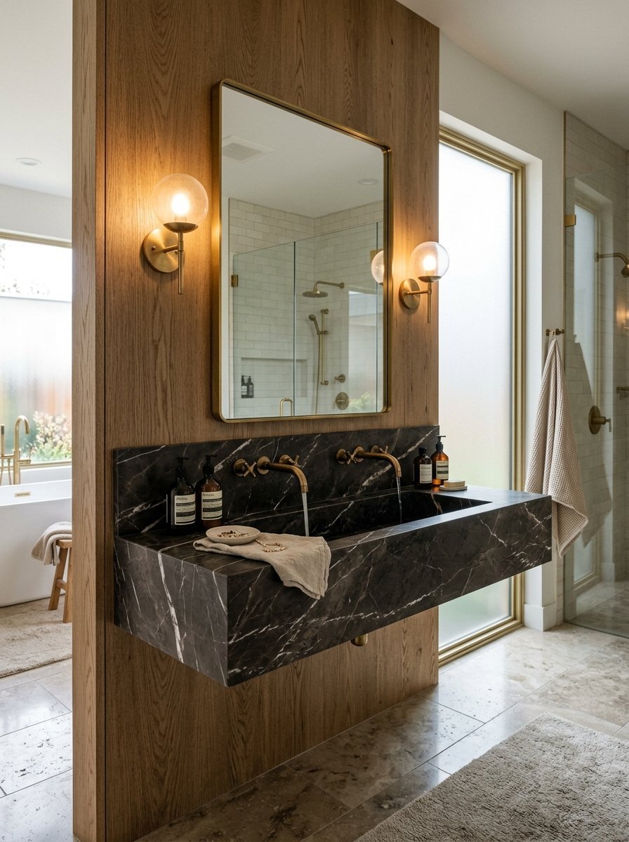 Floating black marble bathroom sink mounted on a light oak wood paneled wall with brass globe wall sconces.