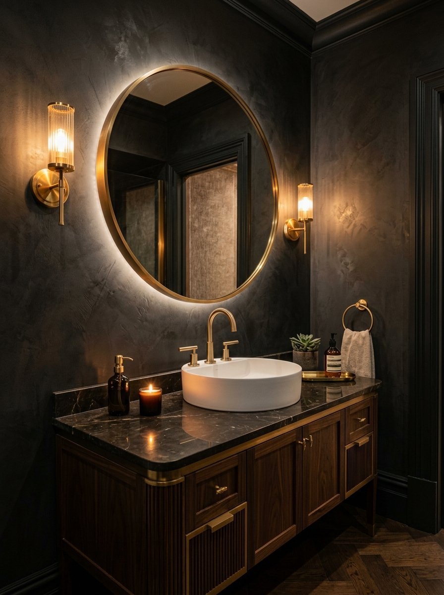 A modern bathroom vanity with a white vessel sink, marble countertop, and brass fixtures against black plaster walls.