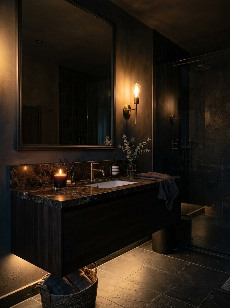 Dark marble vanity with a lit candle, wall sconce, and wicker basket in a moody contemporary bathroom.