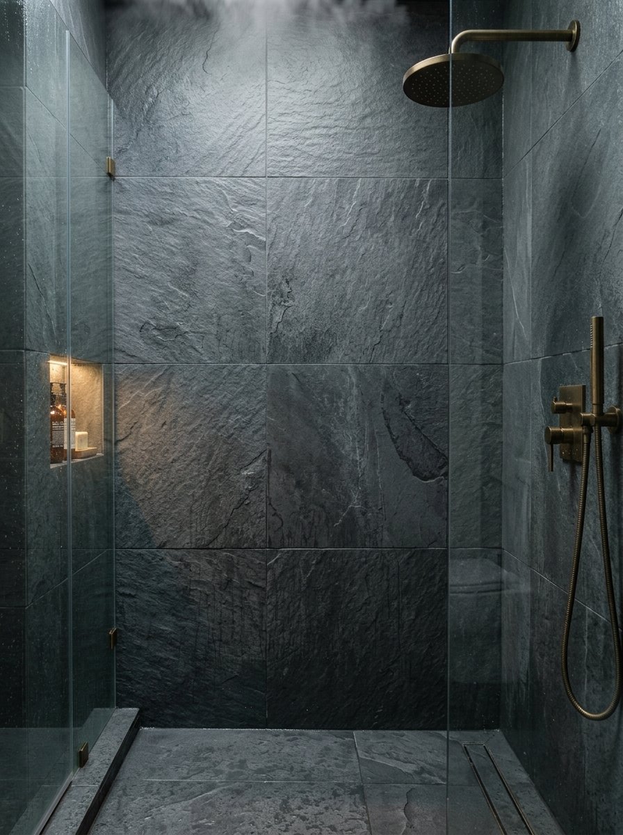 A walk-in shower features textured black stone tiles, bronze fixtures, and a glass partition with a shower niche.