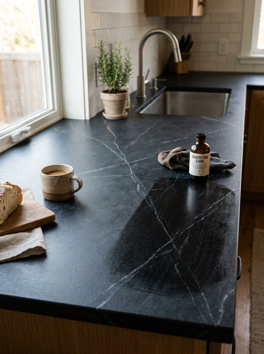 Close-up of a kitchen counter with a bottle of soapstone care oil, a coffee mug, and fresh bread.