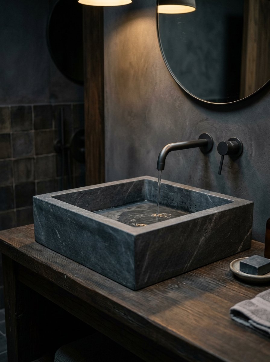 A square stone basin with a wall-mounted faucet dripping water on a weathered wooden vanity in a moody bathroom.
