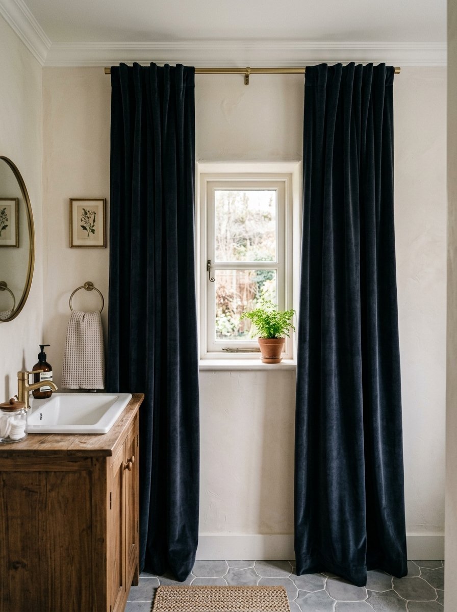 Floor to ceiling navy velvet drapes hung on a gold rod next to a wooden bathroom vanity and sink.