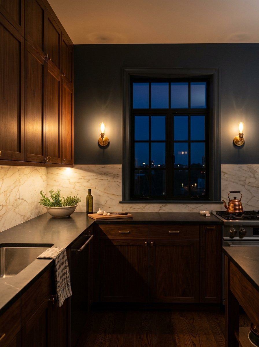 Modern kitchen with dark wood cabinetry, marble counters, and two glowing brass wall sconces near a window.