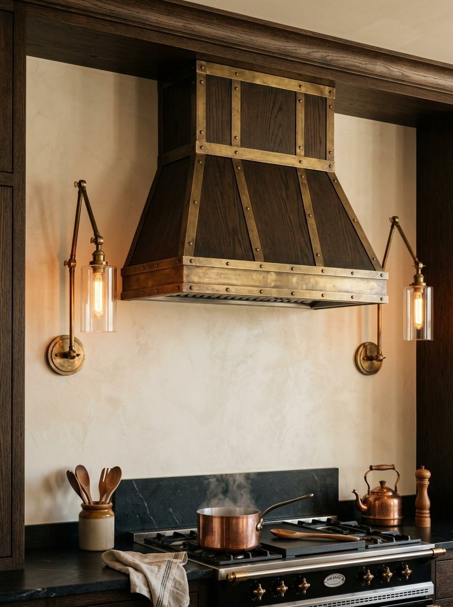 A custom range hood with dark wood panels and brass accents above a professional stove with a steaming copper pot.