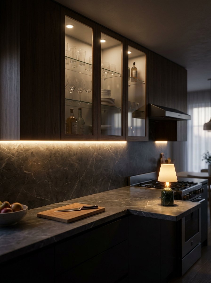 Close up of a kitchen with dark wood cabinets, marble backsplash, and a small table lamp on the stone counter.