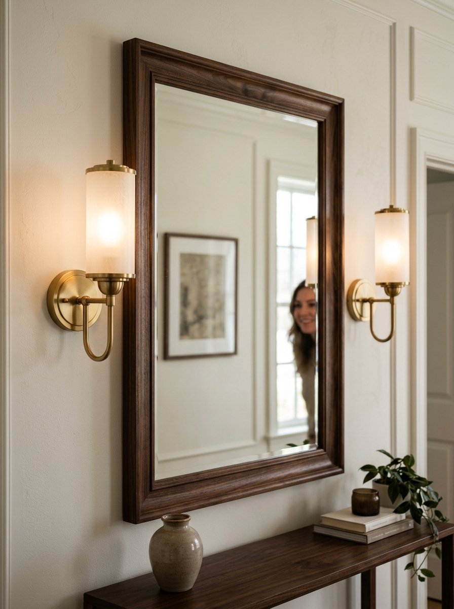 A rectangular mirror with a dark wooden frame hanging between two brass wall sconces above a console table.