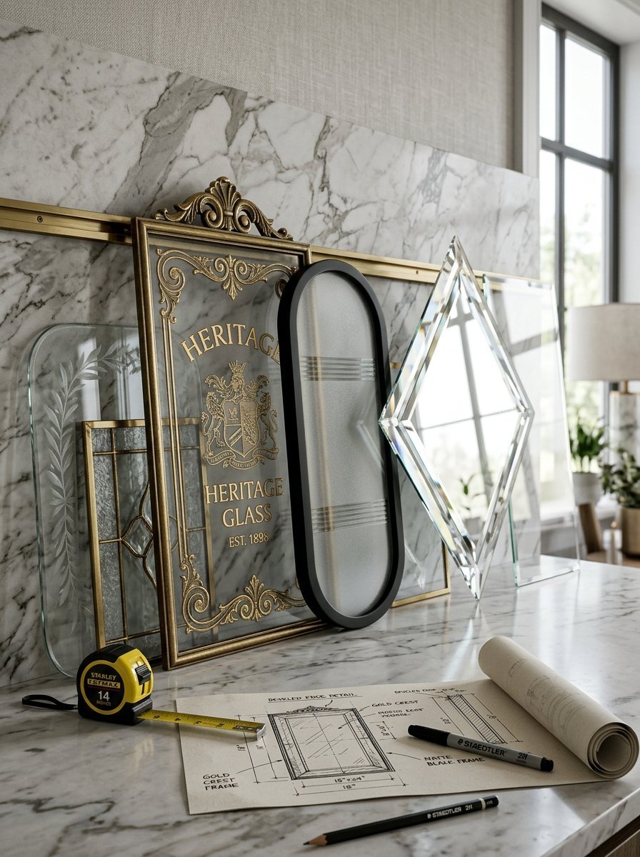 Decorative glass mirrors and etched panels next to an architectural blueprint on a marble surface.