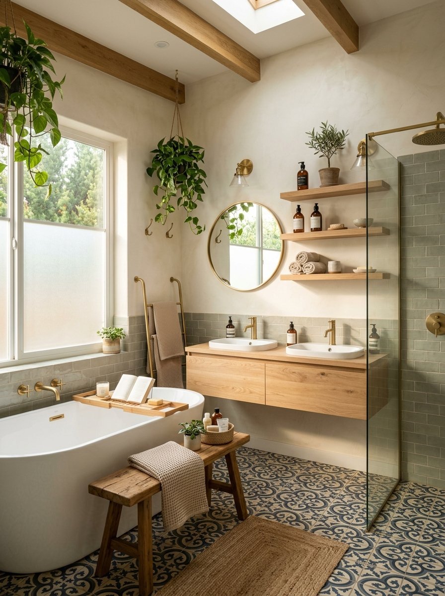 Designer Bathroom With Oak Shelves