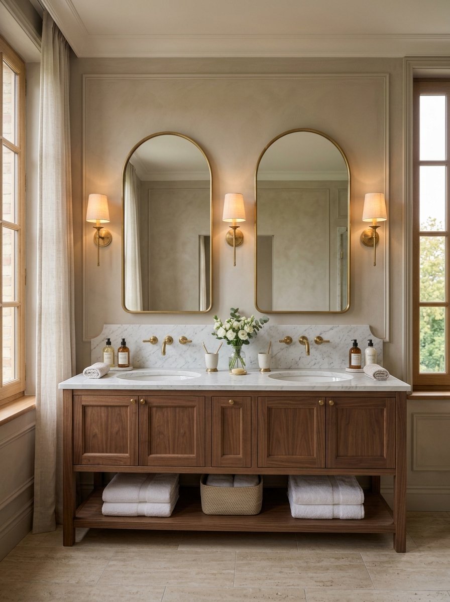 A wooden bathroom vanity with two sinks, gold fixtures, and two arched mirrors on a neutral wall.