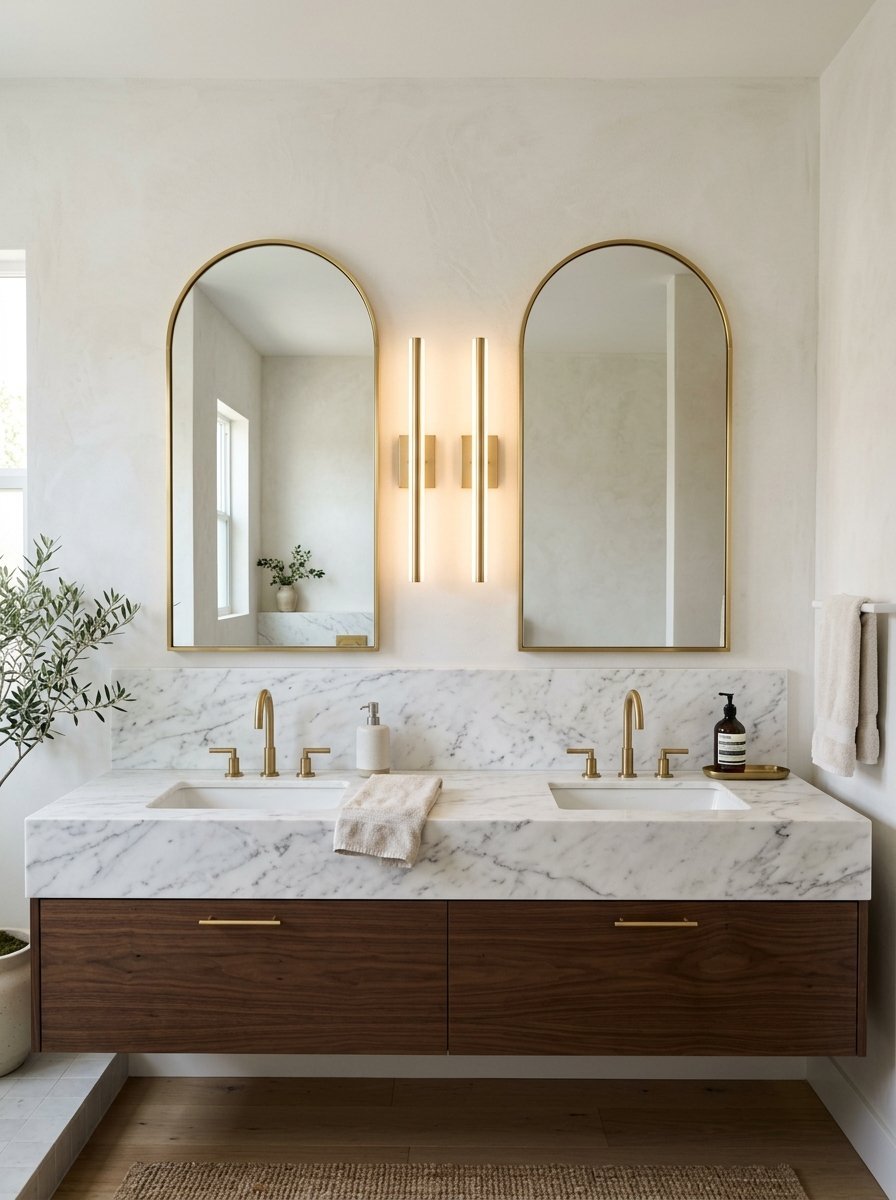 Floating walnut wood double sink vanity with marble countertop and two gold framed arched mirrors.