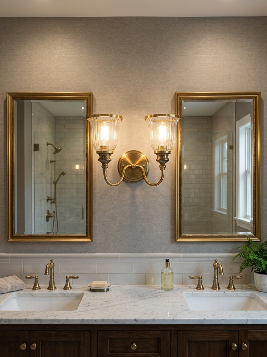 Two rectangular gold-framed mirrors flank a two-light brass wall fixture above a white marble double vanity sink.