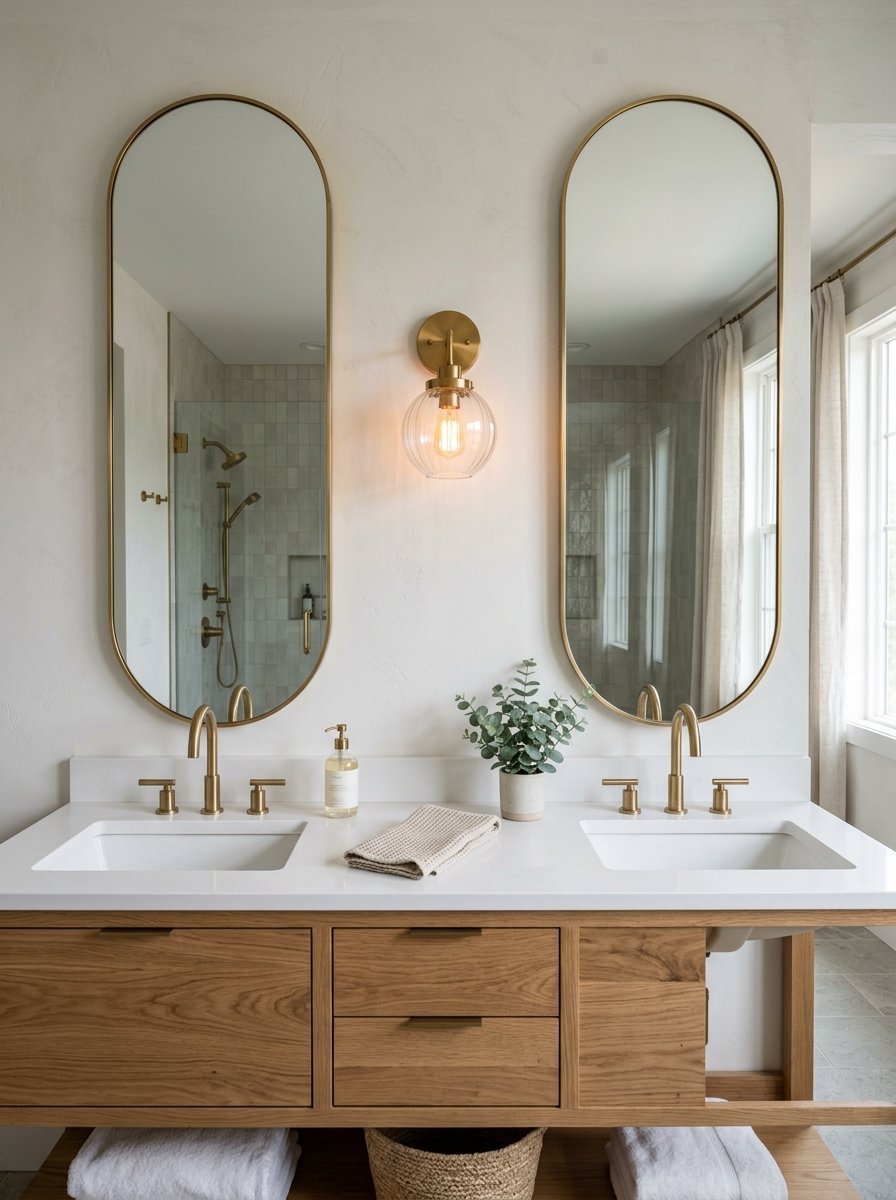 A double bathroom vanity with light wood cabinets, white countertops, and two tall oval mirrors with brass frames.