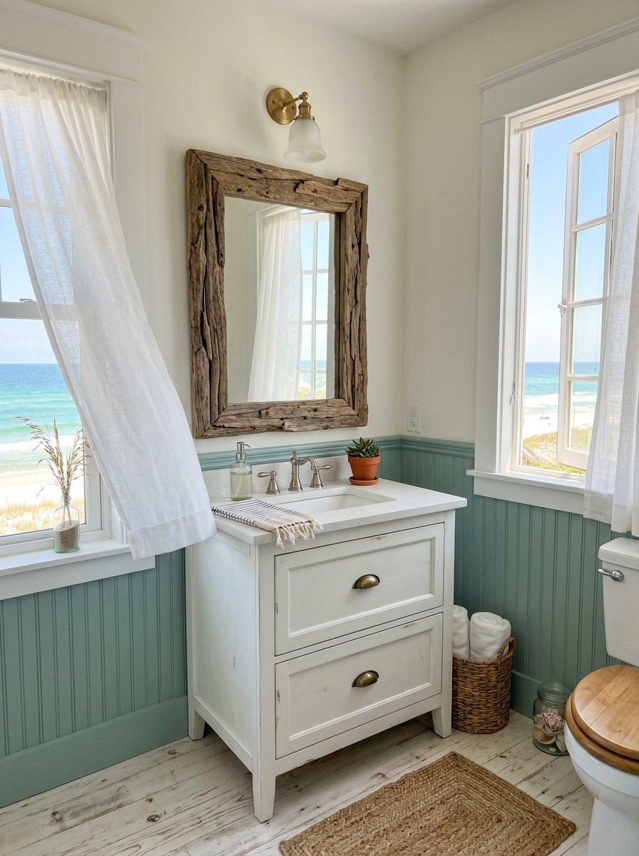 Bright bathroom with a white vanity, teal beadboard, and a weathered wood mirror overlooking the beach.
