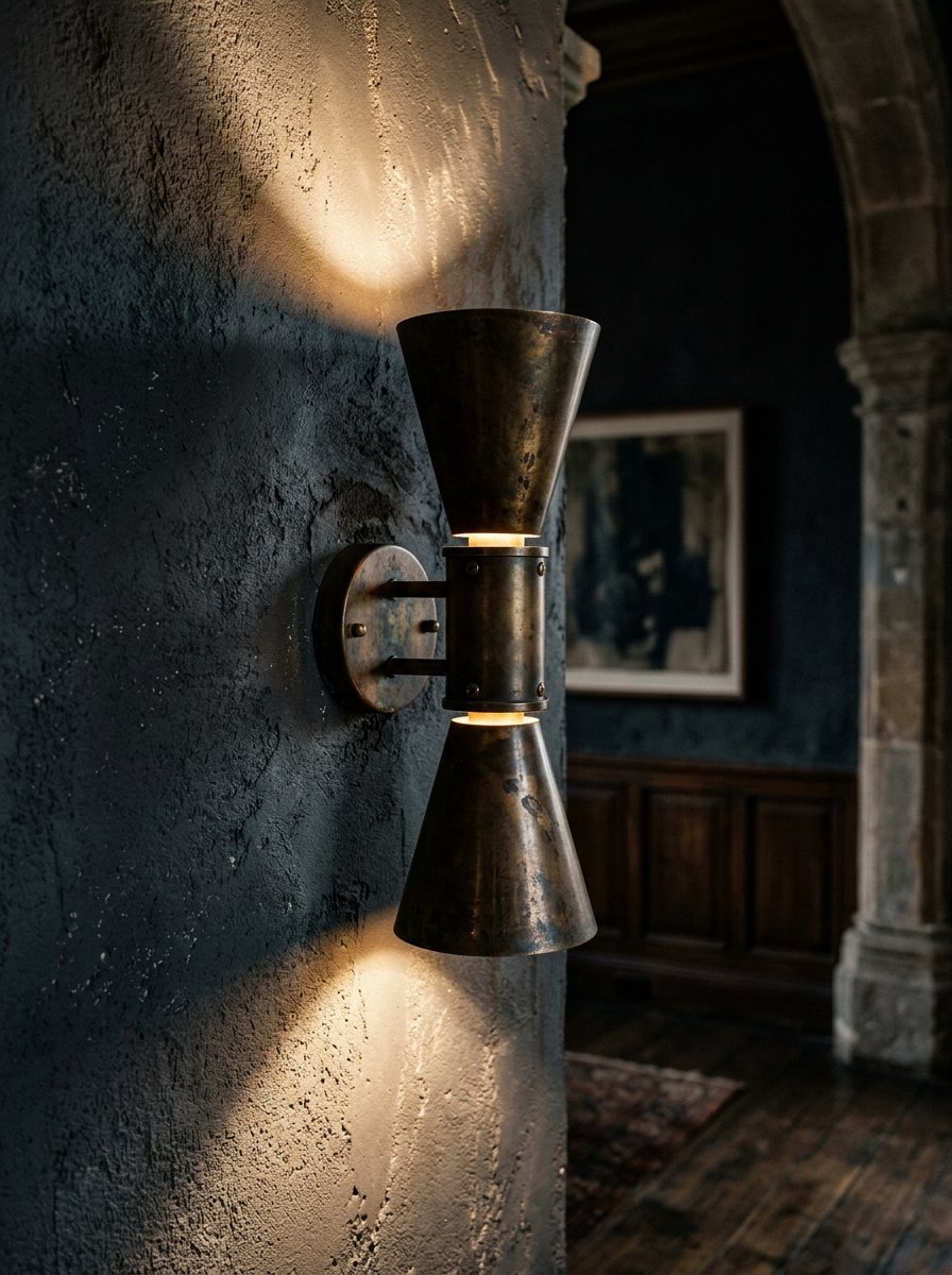 Vintage bronze two-way wall lamp mounted on a dark textured concrete pillar inside an old historic building.