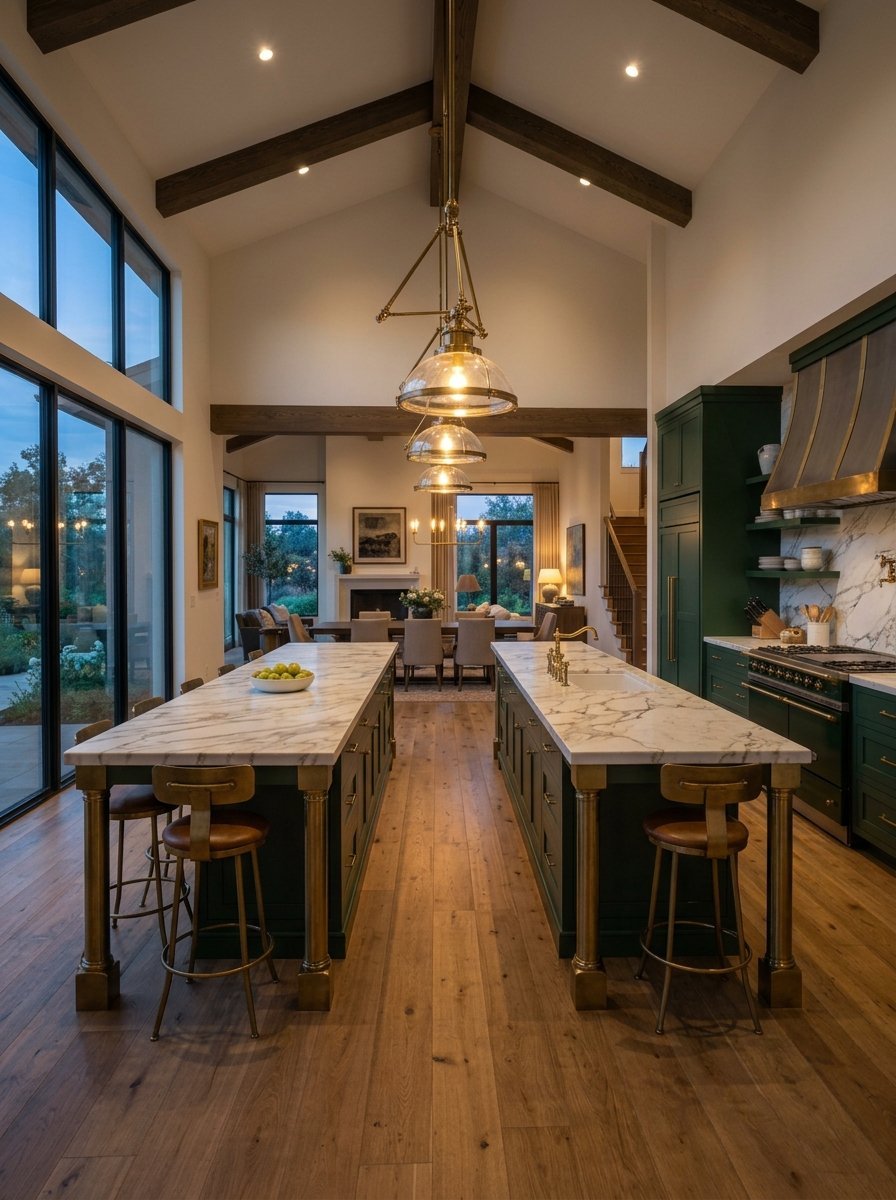 Spacious interior with high wood-beamed ceilings, dual kitchen islands, and warm hardwood flooring.