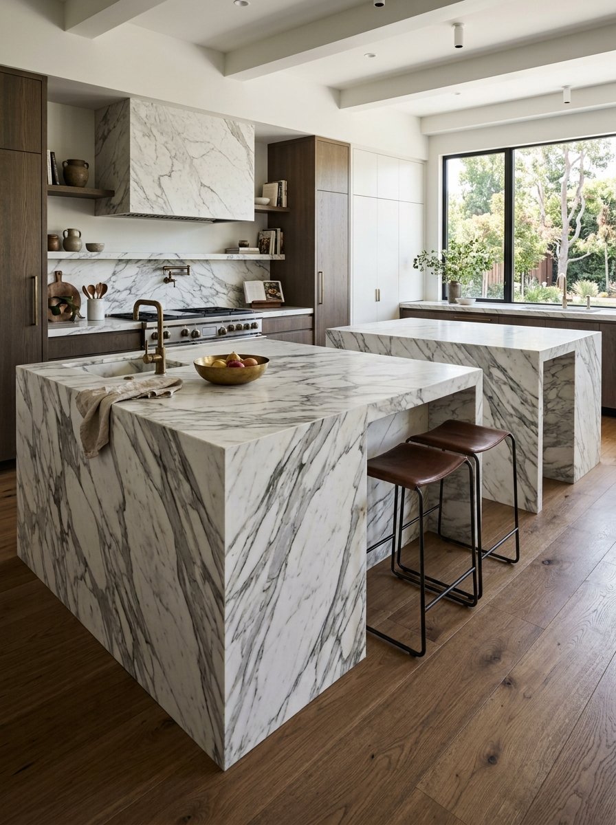 A luxury kitchen with twin marble kitchen islands, leather bar stools, and warm wood flooring.
