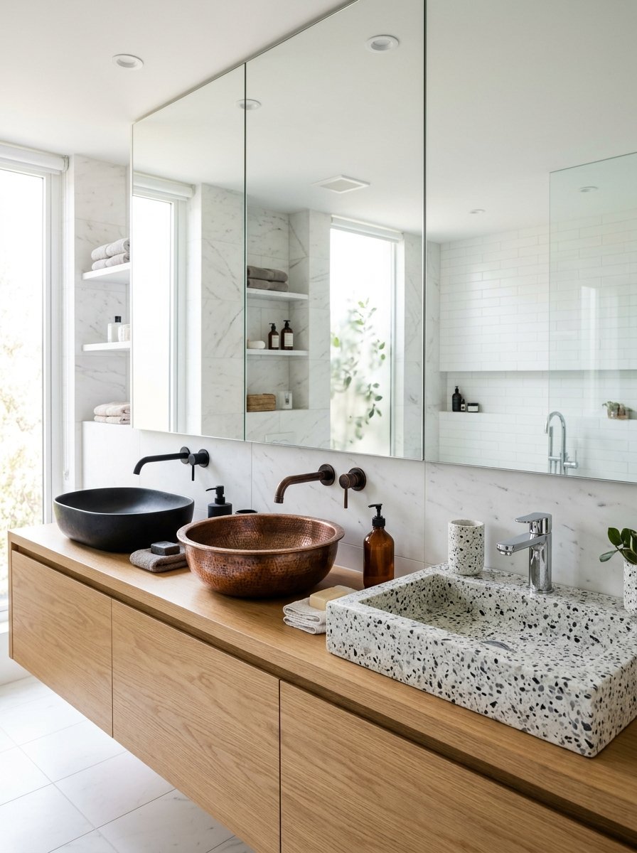 A bathroom vanity features a black bowl, copper basin, and terrazzo trough sink with large mirror panels above.