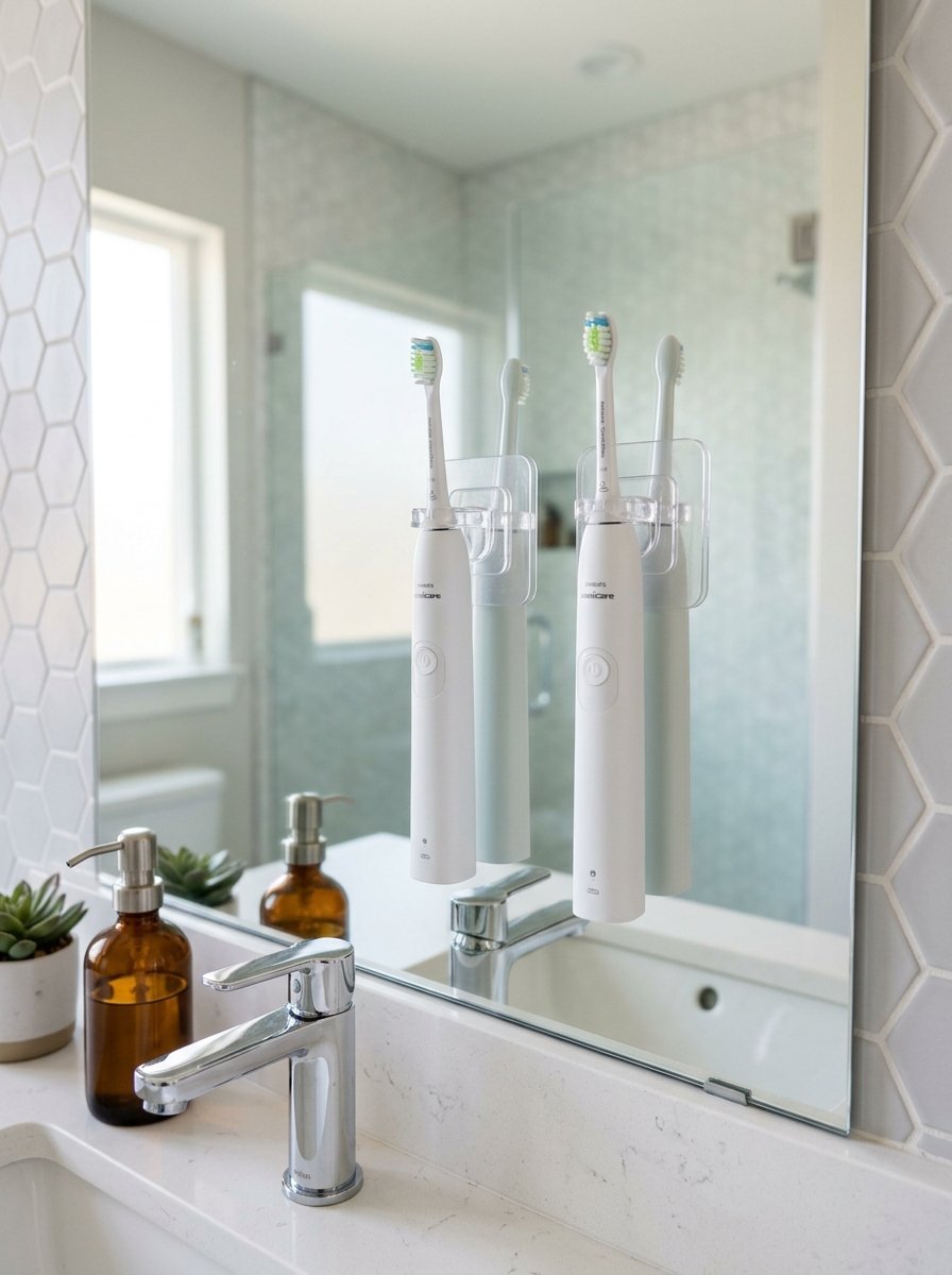 White Philips Sonicare toothbrushes attached to a bathroom mirror with transparent adhesive holders.
