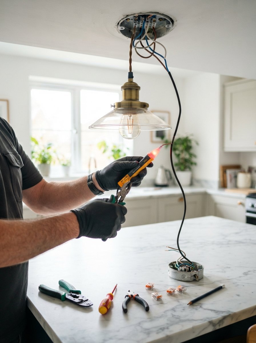 Close up of hands in black gloves using a voltage tester on a kitchen pendant light wire.