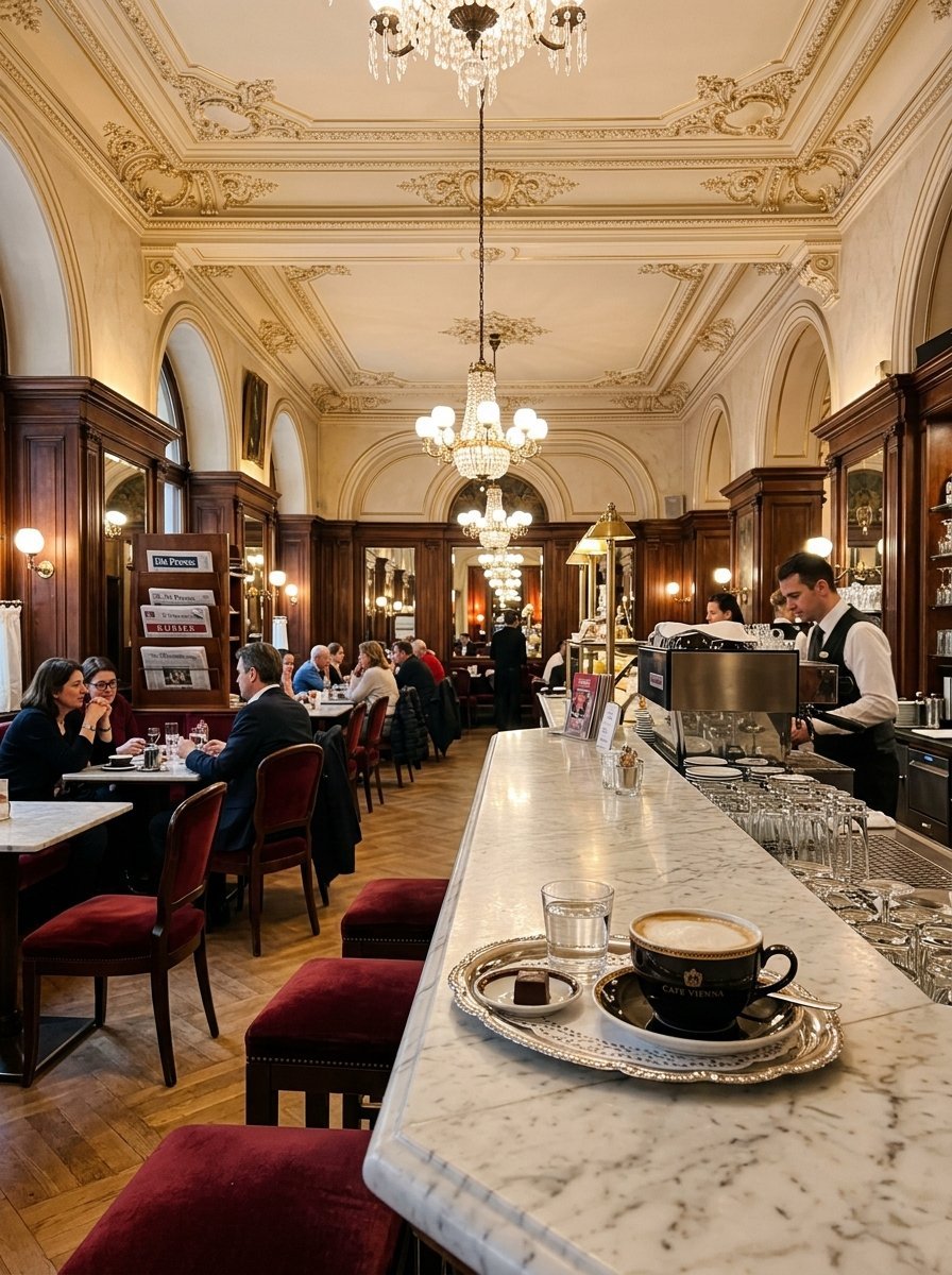 A silver tray with a cappuccino and chocolate sits on a marble bar inside a luxurious, wood-paneled European café.