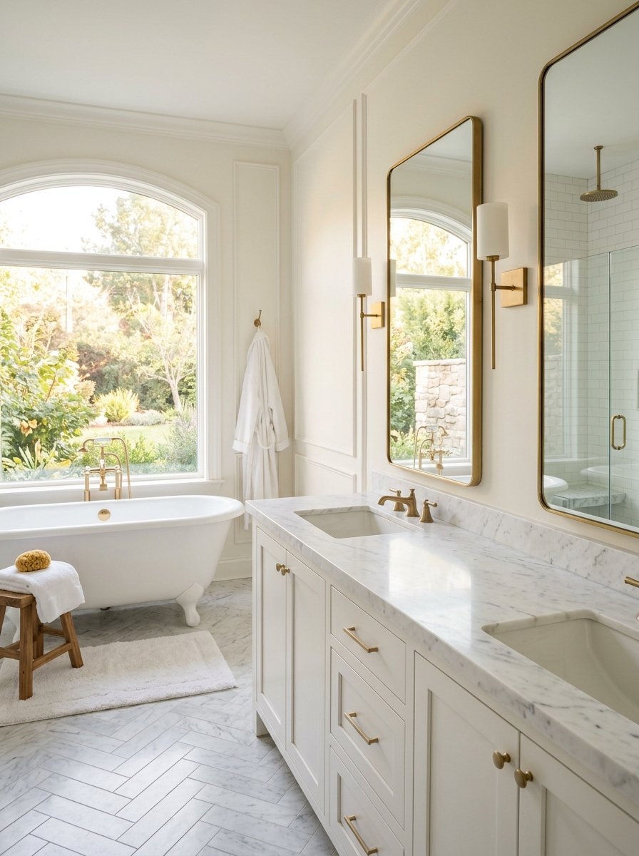 Bright bathroom featuring a clawfoot tub, marble double vanity, and gold fixtures with a large arched window.
