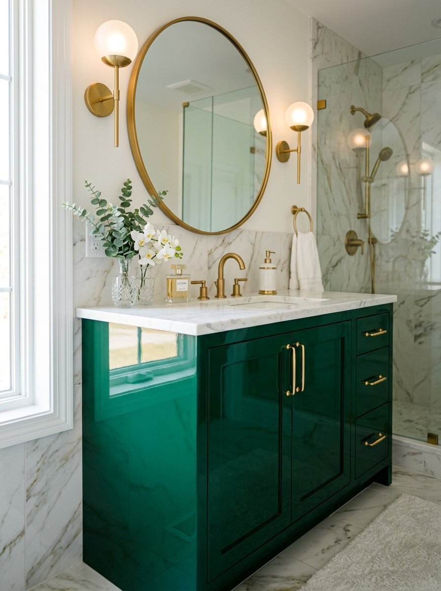 A modern green bathroom vanity with brass hardware, round mirror, and marble backsplash in a bright bathroom.