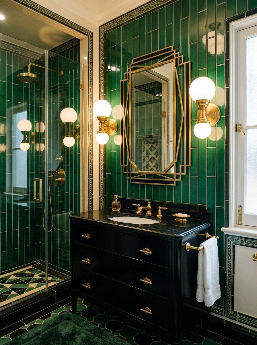 A black vanity with marble top stands against glossy emerald green wall tiles with gold light fixtures and a mirror.