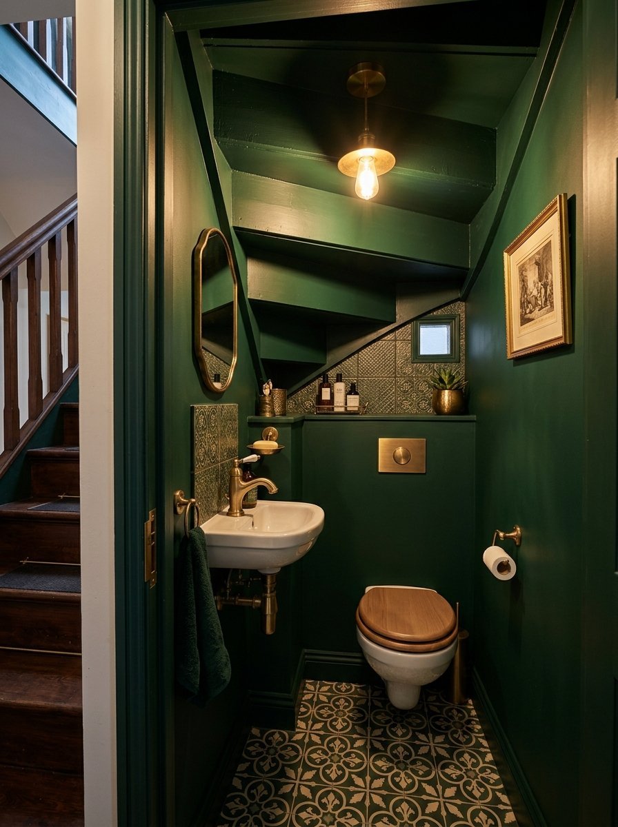 Small bathroom with dark green walls, patterned tile floors, gold accents, and a wooden toilet seat under stairs.