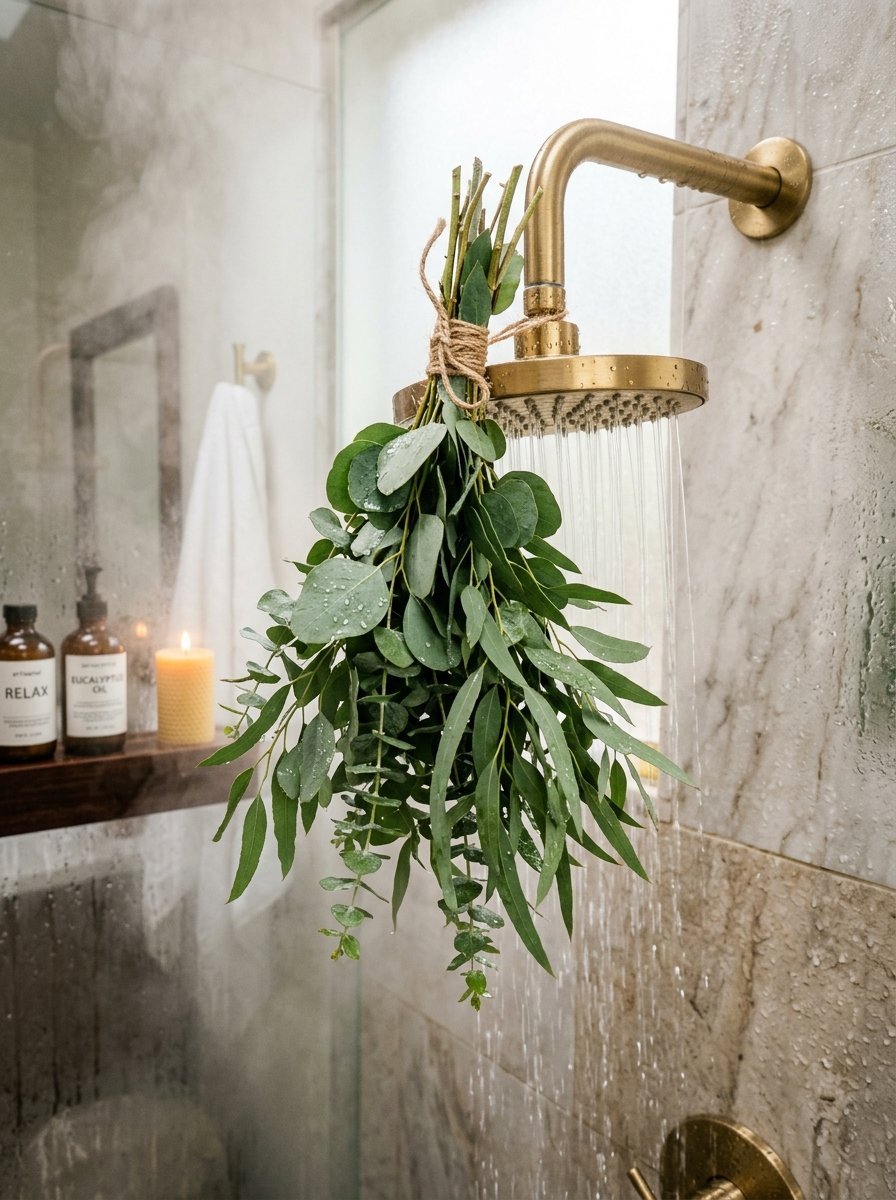 A cluster of green eucalyptus leaves tied with twine tied to a brass shower head as water streams over them.
