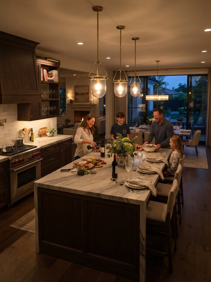 A family laughing and preparing dinner at a large marble kitchen island in a cozy, modern home.