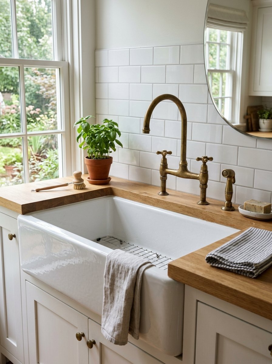 White farmhouse sink with a brass bridge faucet and wooden countertops in a sunlit kitchen.