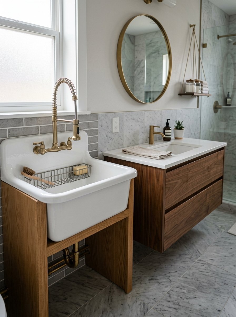 A bathroom featuring a white farmhouse utility sink with brass faucet next to a modern floating walnut wood vanity.