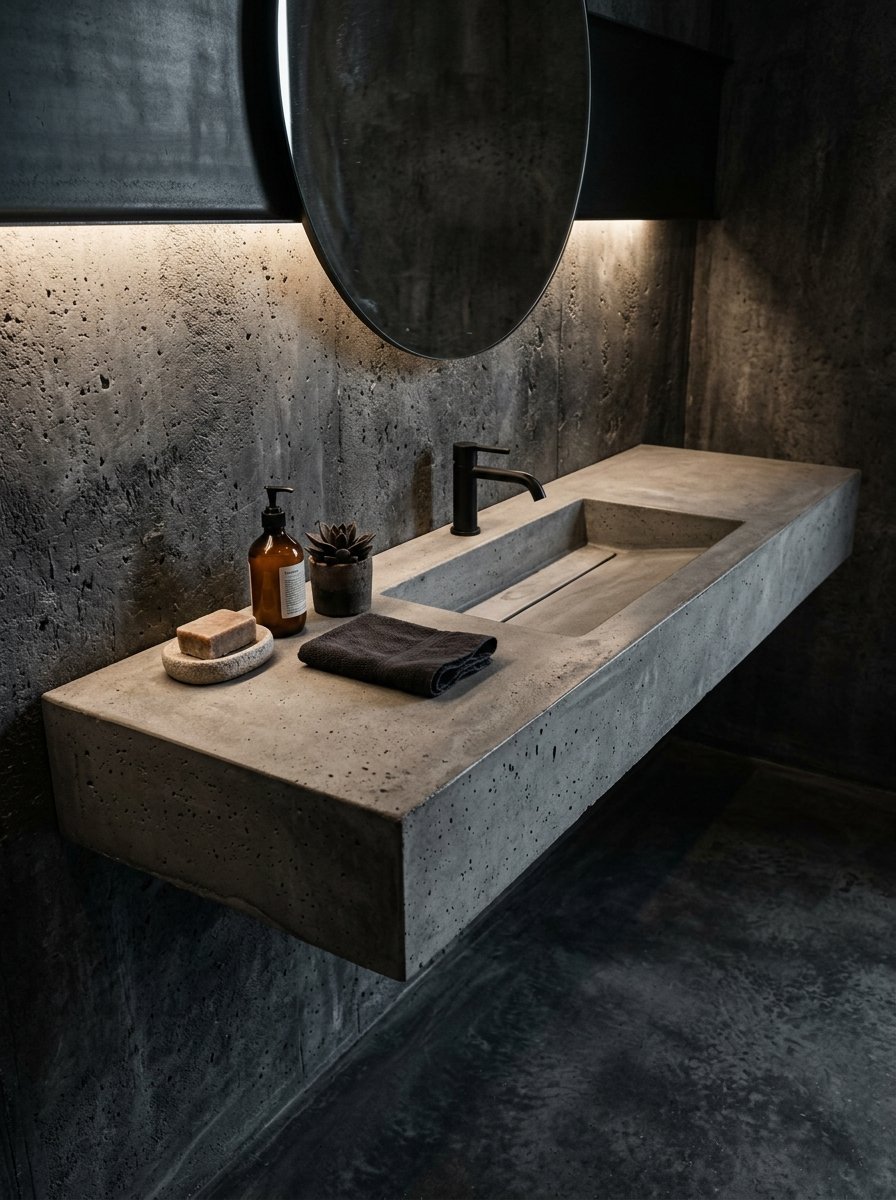 A wall-mounted concrete bathroom sink features a dark faucet, soap dispenser, and folded towel in a dim, moody setting.