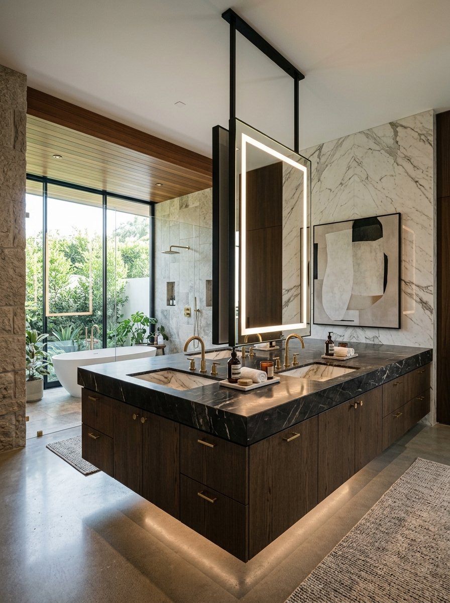 A floating dark wood vanity with dual sinks and a ceiling-mounted LED mirror in a marble-walled spa bathroom.
