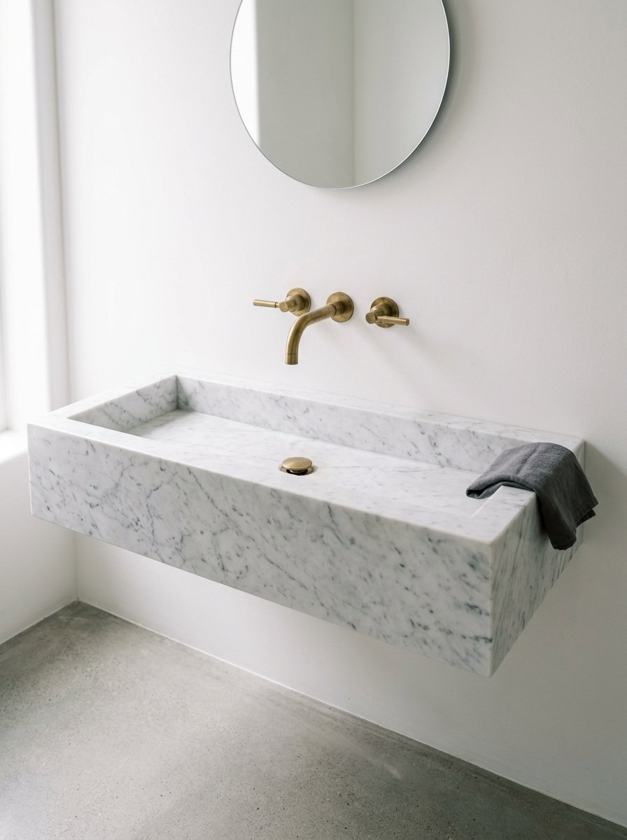 Floating rectangular white marble basin featuring bronze hardware and a grey hand towel against a plain white wall.