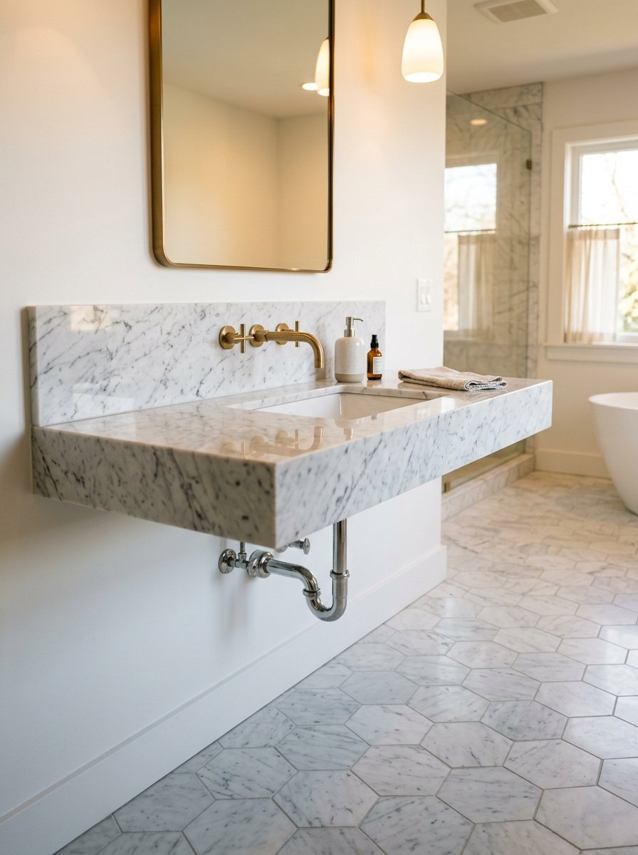 A wall-mounted white marble sink vanity featuring gold faucets, a rectangular mirror, and hexagonal floor tile.
