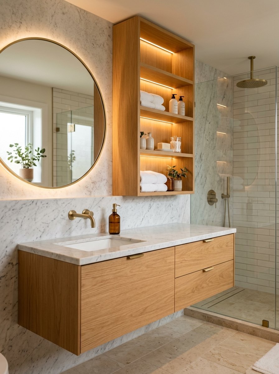 Wall-mounted wood vanity with white marble countertop next to a glass walk-in shower.