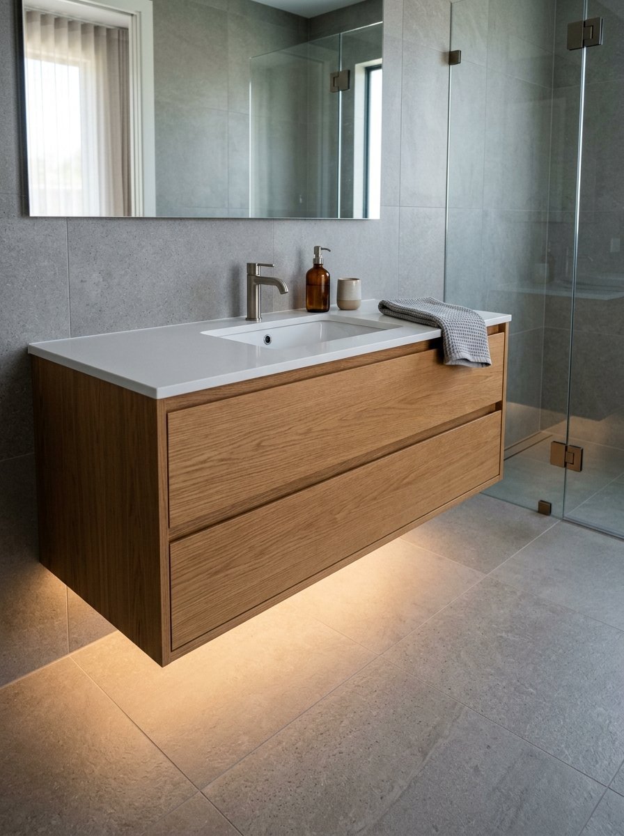 Wall-mounted oak vanity with a white countertop and towel next to a glass walk-in shower.