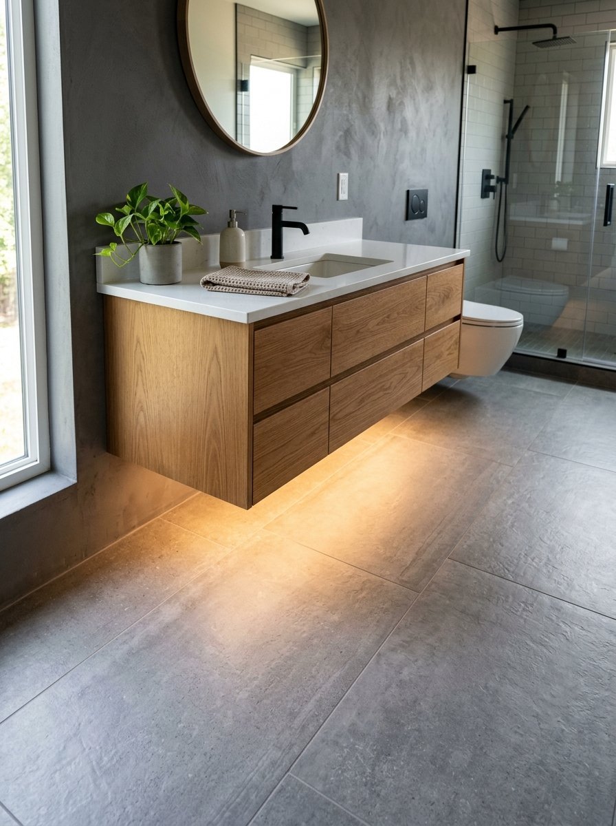 A wall-mounted oak vanity cabinet with a white quartz countertop and glowing floor lights in a grey bathroom.