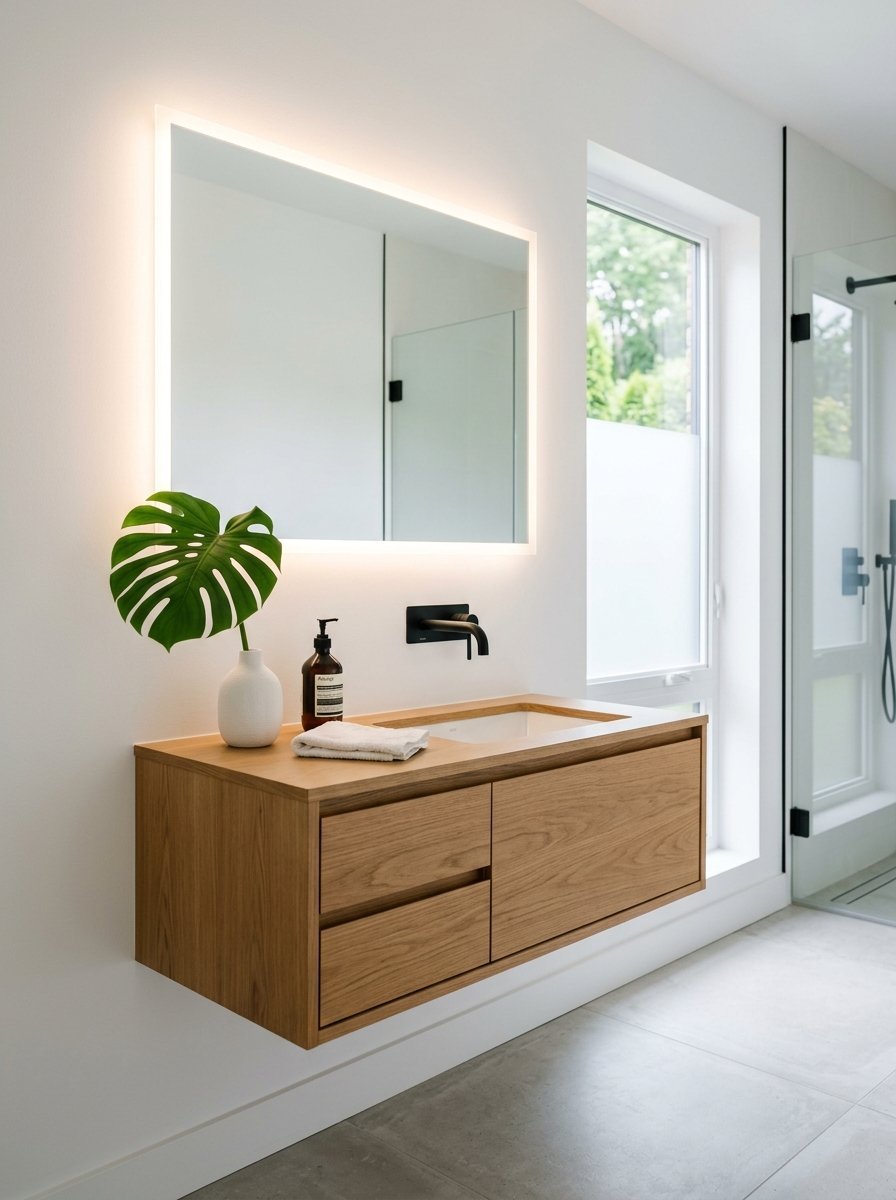 A wooden wall-mounted bathroom vanity featuring a black faucet and a single monstera leaf in a white vase.