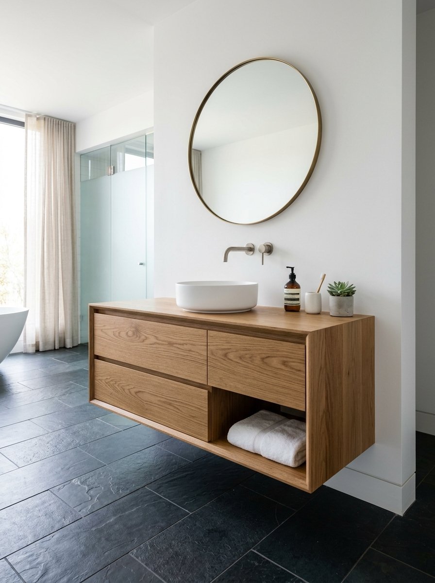 Wall-mounted oak vanity with a white vessel sink and a round brass-framed mirror in a modern bathroom.
