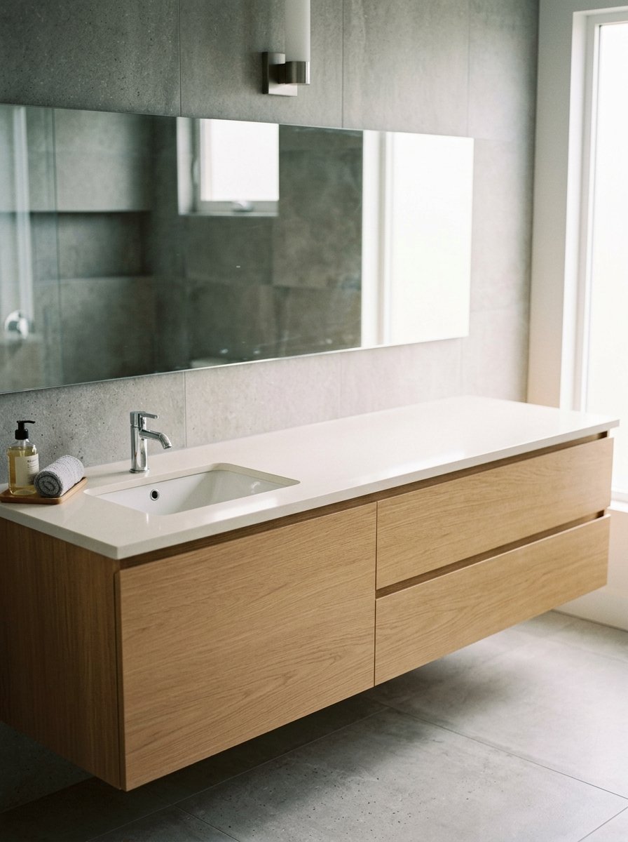 A wall-mounted oak cabinet with a white stone sink basin against a gray tiled wall and large mirror.